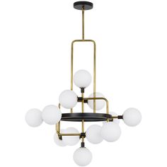 a brass chandelier with white glass balls hanging from the bottom and black metal frame