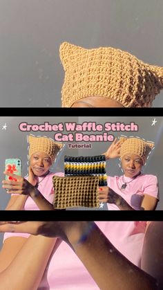 two images show the same person holding a cell phone and wearing a crochet waffle stitch cat beanie