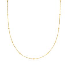 Ross-Simons - Italian 14kt Yellow Gold Bead Station Necklace. 16". RS Pure. Modern designs that complete your outfit and complement your personality. Add interest to your layers with this dainty design! From Italy, our 14kt yellow gold necklace stations petite 2mm beads around a simple cable chain with a 2" extender. Springring clasp, 14kt yellow gold bead station necklace. Classic Necklace With Satellite Chain And Round Beads, Classic 14k Gold Necklace With Satellite Chain, Classic Necklace With Delicate Chain And Round Beads, Classic 14k Gold Necklace With Beaded Chain, Dainty Yellow Gold Beaded Necklaces With Satellite Chain, Dainty Yellow Gold Beaded Necklace With Satellite Chain, Elegant 14k Gold Necklace With Tiny Beads, 14k Yellow Gold Necklaces With Tiny Beads, 14k Yellow Gold Necklace With Tiny Beads