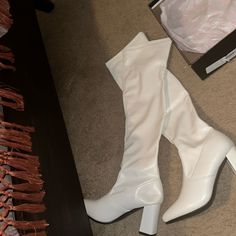 They Are Brand New , Never Been Worn White Block Heel Knee-high Boots For Fall, White Wide Calf High Heel Knee-high Boots, White Wide Calf Knee-high Boots With High Heel, White Wide Calf Heeled Boots For Winter, Winter White Wide Calf Heeled Boots, White Wide Calf Knee-high Boots For Spring, White Wide Calf Boots For Party, White Knee-high Medium Width Heeled Boots, Fitted Synthetic Heeled Boots With Block Heel