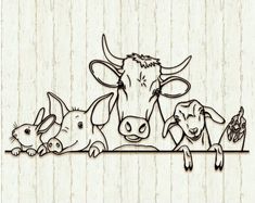 a drawing of cows and pigs on a shelf