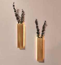 two wooden vases with plants in them on a white wall, one is turned upside down