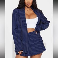 True To Size, Fits Great. Pinstripe Mini Skirt, Pinstripe Blazer, Mini Skirt Set, Zipper Shorts, Blazer Set, Navy Fashion, Birthday Photoshoot, 30th Birthday, Matching Sets