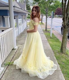 SP2079,Off the shoulder prom dress,pastel yellow applique evening dresses,long evening gown,a-line formal dress · SofieProm · Online Store Powered by Storenvy Ballgown Dresses, Yellow Lace Top, Dresses Yellow, Ring Pillows, Long Prom Dresses, Gowns Wedding, Dresses Bridesmaid, Gown Prom