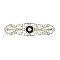 "This diamond filigree pin, circa 1930's,  is a lacy spiderweb of platinum, set with old-mine and European-cut diamonds, with a center of black calibre-cut onyx.  18K gold pin stem.  2-1/2\" long and 3/4 inches wide at it's widest. Please note. This brooch is not Hallmarked. We have determined materials by testing." Gold Pin, Black Onyx, Brooch Pin, Onyx, Platinum, Diamond Cuts, 18k Gold, Silver