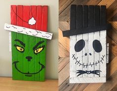 two wooden boards with faces painted to look like they are made out of wood planks