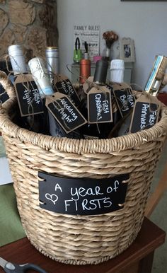 a wicker basket filled with personalized items on top of a table next to a fireplace