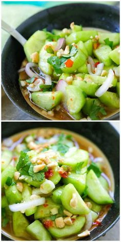 two pictures of vegetables in a bowl with chopsticks