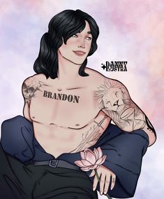 a drawing of a man with tattoos on his chest holding a flower in his lap