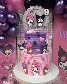 a pink and purple cake with cartoon characters on it's tiers, surrounded by balloons