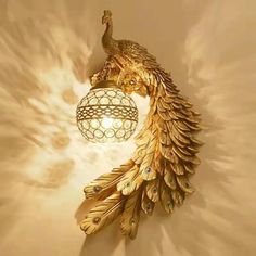 Peacock Wall Lamp Sconce - Classic Resin Fixture With Crystal Encrusted Shade Gold Golden Peacock, Wall Lights Living Room, Crystal Wall Lighting, Wall Lamps Bedroom, Wall Mounted Lamps, Crystal Wall, Traditional Lighting, Gold Walls, Wall Light Fixtures