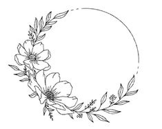 a circle with flowers and leaves around it on a white background, hand drawn illustration