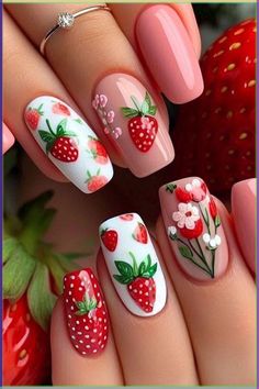 Picnic Nails Design, Strawberry Summer Nails, Strawberry Lemonade Nails, Girly Summer Nails, Chihuahua Nails, Summery Nails 2024, Strawberry Acrylic Nails, Strawberry Nails Acrylic, Strawberry Nails Designs