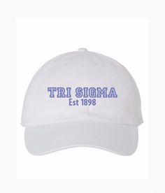 Officially Greek Licensed Product ABOUT THE PRODUCT: Sorority hat custom made just for you! Choose between a variety of hat and thread colors to create the perfect hat for you. Each hat has a metal adjustable strap on the back to adjust the size for the perfect fit. PLACE YOUR ORDER: 1. Choose hat color 2. Choose thread color If you have a request for a design please message me and we can get started on a custom order! Message me for group order pricing! Collegiate Cap Hat, Collegiate Cap, One Size Fits Most, Collegiate Cap Hat, One Size Fits Most, Collegiate Cap Style Hat, One Size, Collegiate Style Cap Hat, One Size Fits Most, Adjustable Hats With Letter Print For Graduation, White Collegiate Cotton Hat, White Collegiate Cap, White Collegiate Hat With Curved Brim