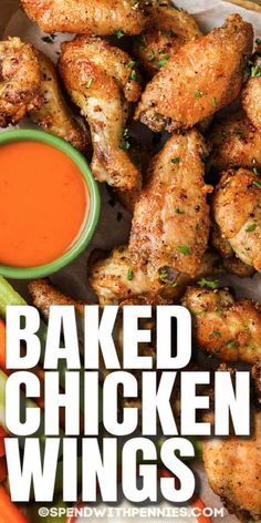 baked chicken wings with dipping sauce on the side