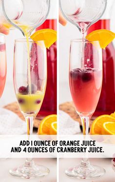 three shots of orange juice being poured into wine glasses with lemons and cranberries