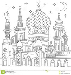 an islamic mosque with stars and crescents on the roof, outlined in black and white