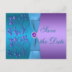 save the date card with blue and purple