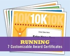 the winning certificate for running is displayed in front of four different colors and sizes, including one