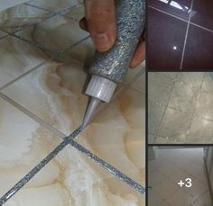 four pictures showing how to clean tile floors with a grouter and spray bottle