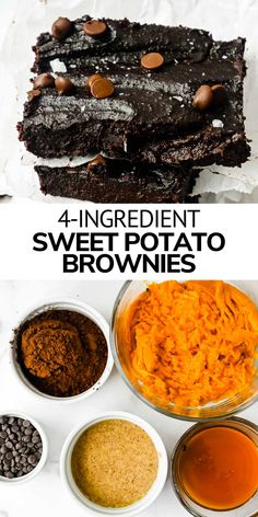 four different types of brownies with chocolate chips on top and the words, 4 ingredient sweet potato browns