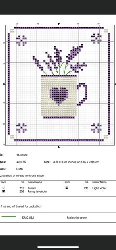 a cross stitch pattern with a coffee cup and flowers on it, as well as the measurements