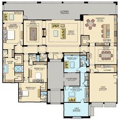 the floor plan for a four bedroom apartment with two bathrooms and three separate living areas