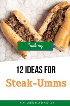 two sandwiches cut in half with the words cooking 12 ideas for steak - umms