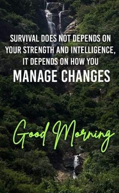 a waterfall with the words good morning on it and an image of a person standing in front