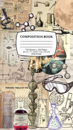 the composition book is filled with different items