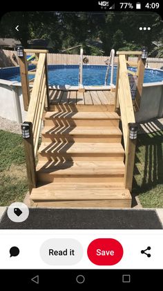 an above ground pool with steps leading up to it and a small swimming pool in the background