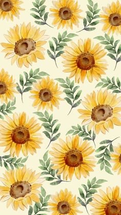 watercolor sunflowers with green leaves on a white background seamless wallpaper