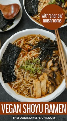 a bowl of vegan shoy ramen with chopsticks on the side