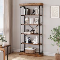 a book shelf in the corner of a living room