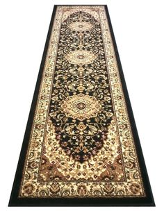 a long rug with an intricate design on the bottom and sides, in black and gold colors