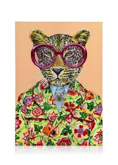 a painting of a leopard wearing pink glasses and a colorful jacket with flowers on it