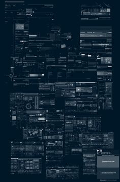 an abstract black and white poster with lots of different types of images on it's side