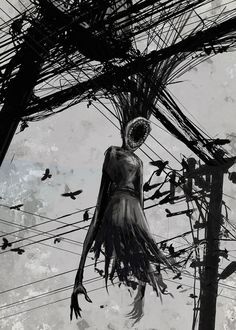 a woman standing on top of a power pole next to lots of wires and birds