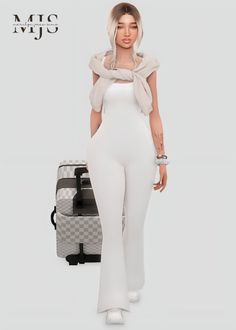 a woman in white is standing next to luggage