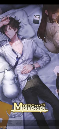 a man laying in bed next to a woman with her hand on her head and the words mystic messenger written above him