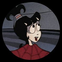 an animated image of a woman with black hair and big eyes in a red dress