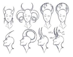 an image of the head and shoulders of various female hair styles in different positions, including horns