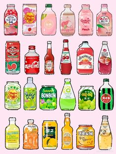 a bunch of different types of sodas on a pink background with the same color