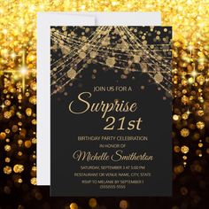 an elegant surprise 21st birthday party with gold glitter and sparkles on the dark background