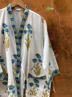 "CHRISTMAS SALE -BUY2 AVAIL- 10%OFF, BUY3 AVAIL 15%OF, BUY 4 AVAIL 20%OFF-COUPONS SHOWN DURING CHECKOUT. AND ALL THE ORDERS MORE THAN TWO DRESSES WILL BE UPGRADED THROUGH EXPRESS !! All dresses are custommade- ONLY FOR YOU! . Indian Block Print / tie- dyed kaftans robe- made to measure- all customizations happily accepted! Indian Handblock print Cotton Kimono Robe, Floral Dressing Gown,Cotton Robes, Floral Kimono Jacket, Lounge wear, Beach Kimono ,Beach Dress ,Beach Cover ups, Lounge wear...quit White Printed Kimono For Loungewear, White Kimono Sleeve Sleepwear For Home, White Robe With Kimono Sleeves For Home, Traditional White Sleepwear For Loungewear, Traditional White Printed Kimono, Traditional White Sleepwear, White Bohemian Kimono For Home, White Cotton Kaftan For Home, Floral Gown Dress