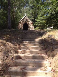 stairs lead up to a small chapel in the woods