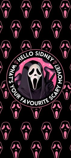 a black and pink poster with a ghost in the center, surrounded by many heads