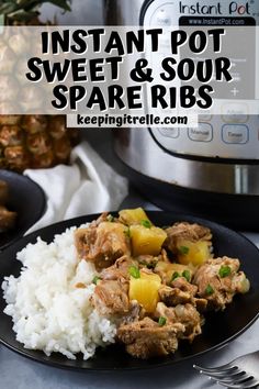 instant pot sweet and sour spare ribs with pineapples on the side in front of an instant pot