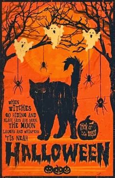 an orange poster with black cats and bats