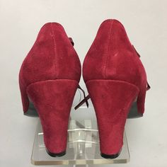 "True vintage 60's Mod shoes are in a wonderful shade of deep maroon suede leather. Lace up, leather ties accent the vamp. Made by \"Saks Fifth Ave\" with a Fenton Last. They are DEADSTOCK, unworn vintage. Gorgeous color, cute MOD style, and fun to wear! These Vintage 1960's original shoes are a size 6 1/2 AAA measuring 9 1/2\" along the innersole, with 2 3/4\" across the ball and a 2 3/4\" chunky, high heel. These are narrow, please compare measurements to a pair that fits you well. No returns. Retro Evening Heels For Fall, Evening Suede Court Shoes With Round Toe, Burgundy Suede Pointed Toe Heels, Vintage Burgundy Heels With Round Toe, Vintage Burgundy Closed Toe Heels, Vintage Burgundy Heels For Formal Occasions, Burgundy Suede Closed Toe Heels, Vintage Suede Low Heel Heels, Vintage Suede Heels With Low Heel